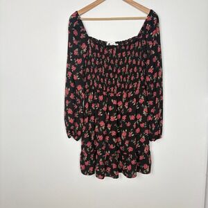 Row A Women Black Floral Smocked Tiered Babydoll Mini Dress Size M Festival Boho